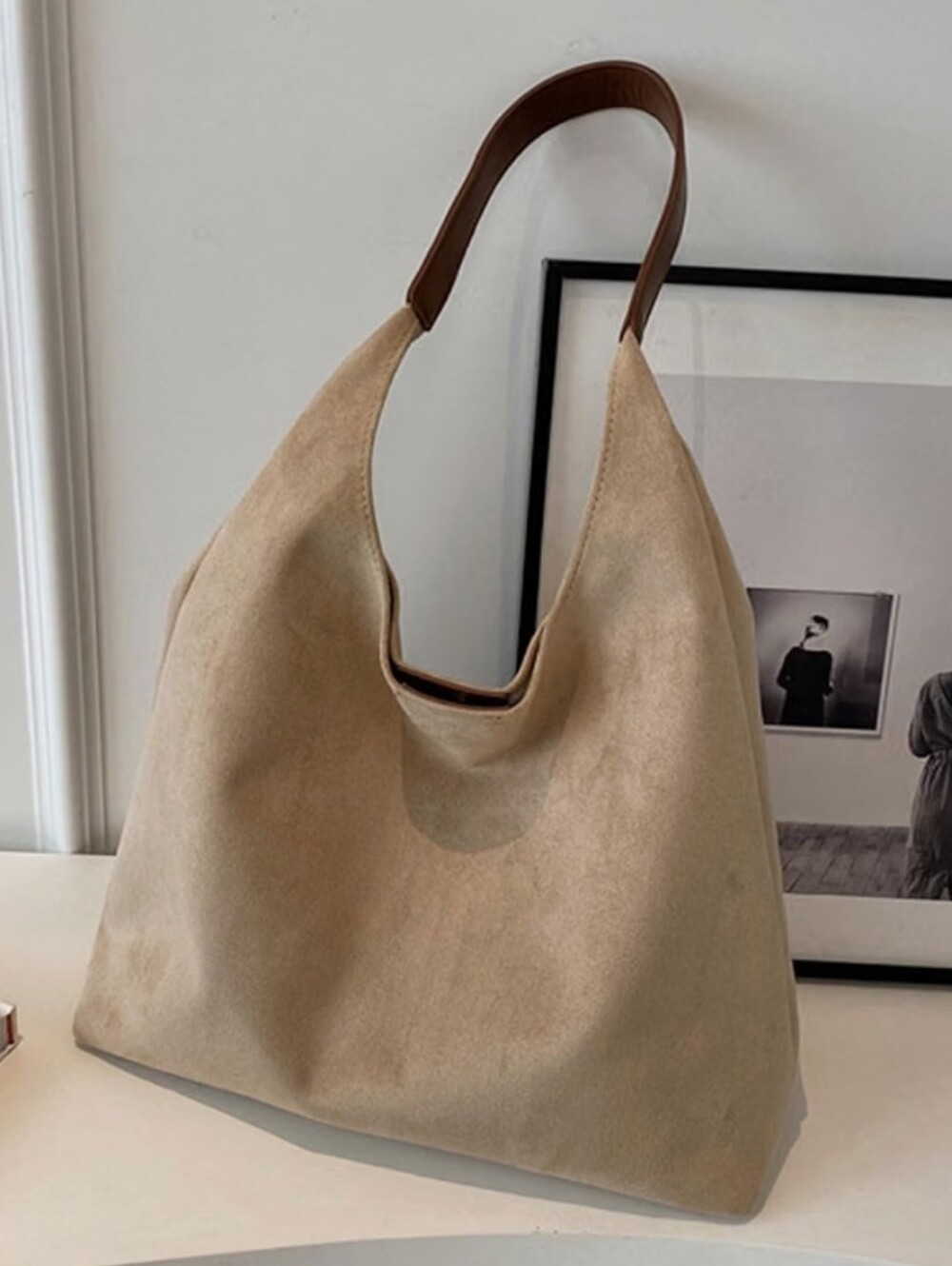 Minimalist Suede Hobo Bag in Taupe - Picture 4 of 4